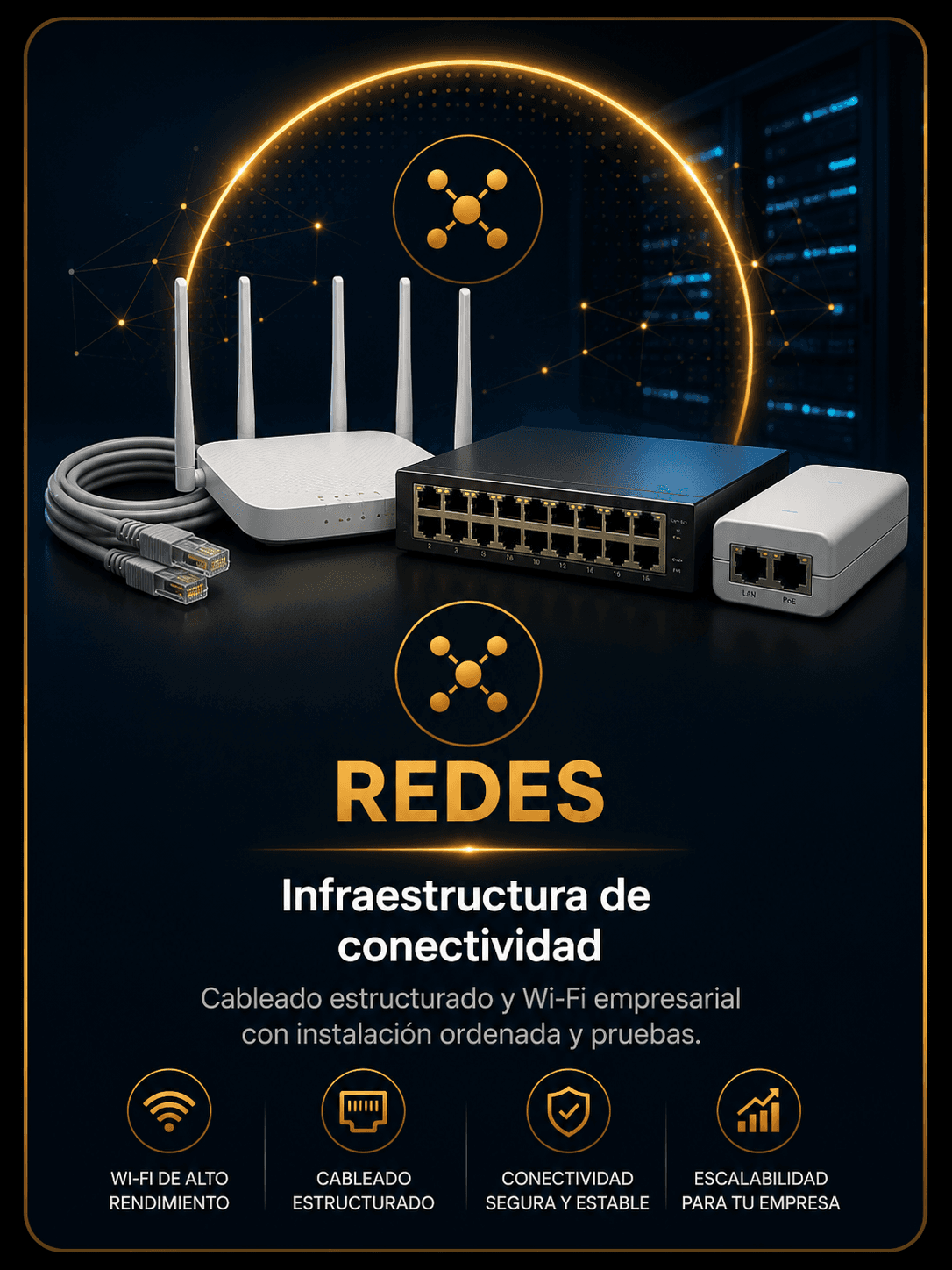 REDES — Infraestructura de conectividad. Cableado estructurado y Wi-Fi empresarial con instalación ordenada y pruebas.
